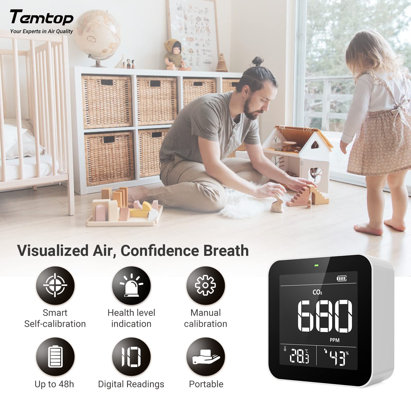 Temtop C10 - Medidores de Calidad de Aire Inteligentes, Detector de CO2, Detector de Calidad del Aire, Monitor de CO2, Detector de dióxido de Carbono Interior, probador de CO2