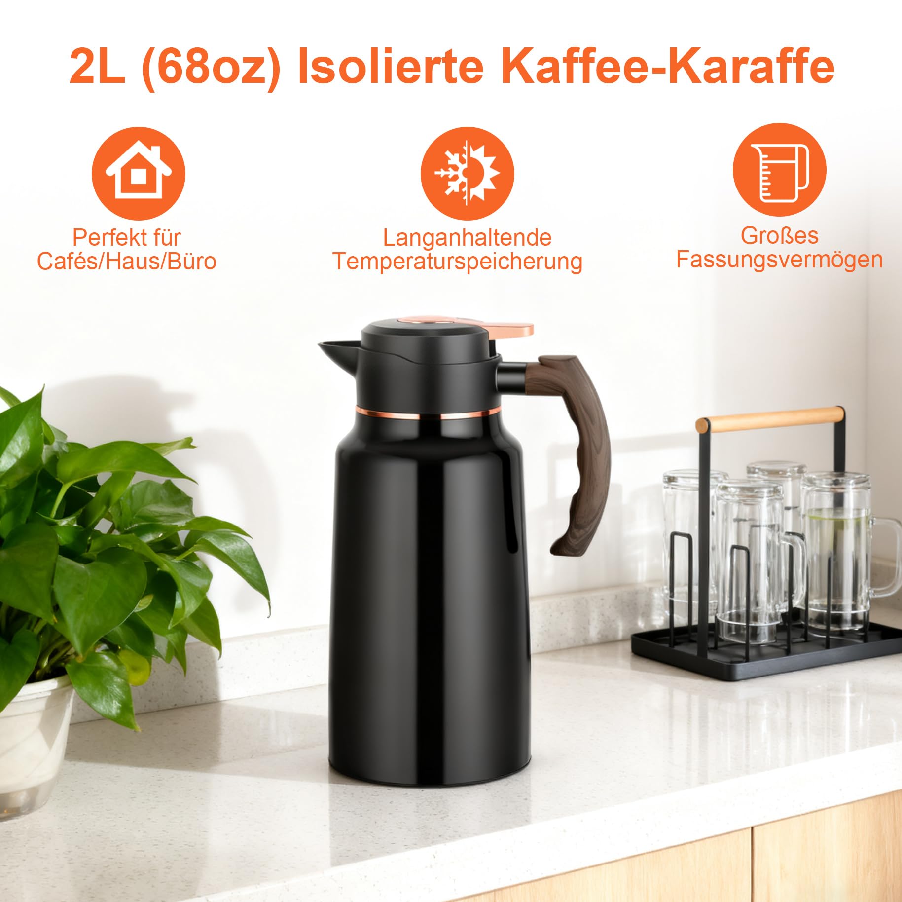2-Liter-Isolierkanne aus Edelstahl, Thermoskaraffe mit Ein-Knopf-Deckel für langanhaltende Wärme- und Kälteisolierung, ideal für Kaffee, Tee, Milch (Schwarz)