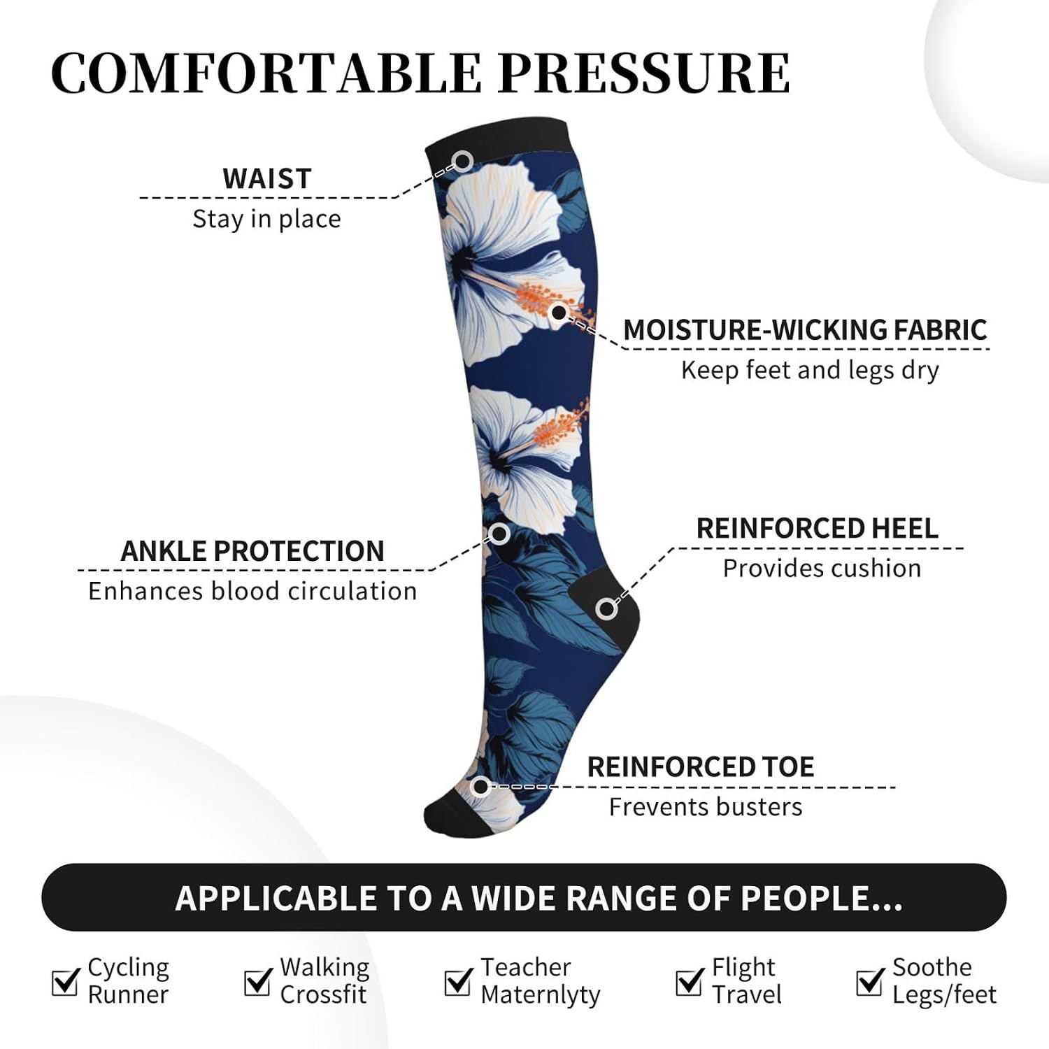 Hibiscus Vector Compression Socks For Women Men 15-20mmhg Graduated Support Circulation Knee High Socks For Nurses Athletic