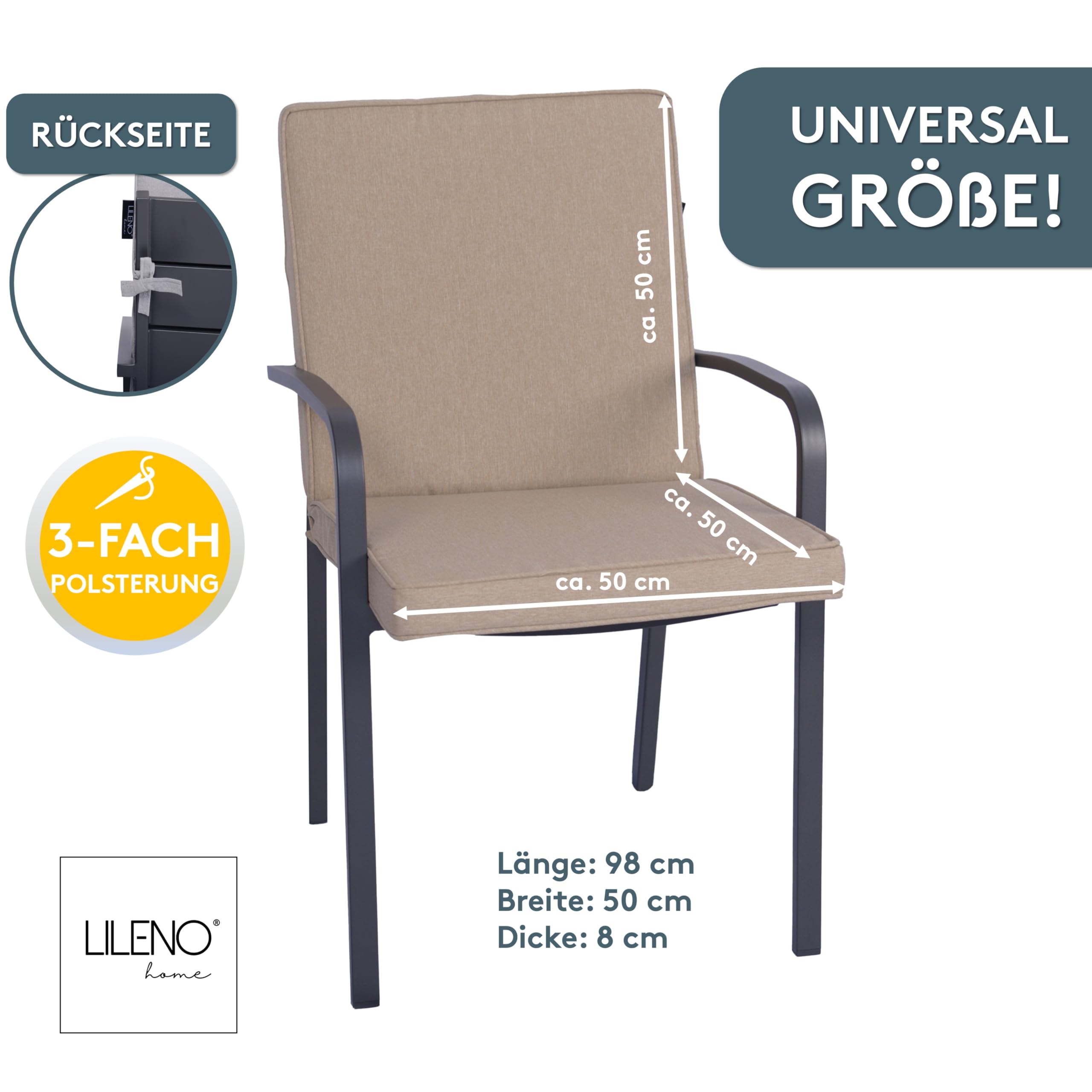 LILENO HOME Poduszki na krzesła ogrodowe, 2 sztuki, niskie oparcia, w kolorze szarobrązowym (taupe), wygodne leżaki jako poduszki na meble ogrodowe, poduszki na krzesła ogrodowe i składane krzesła DUB