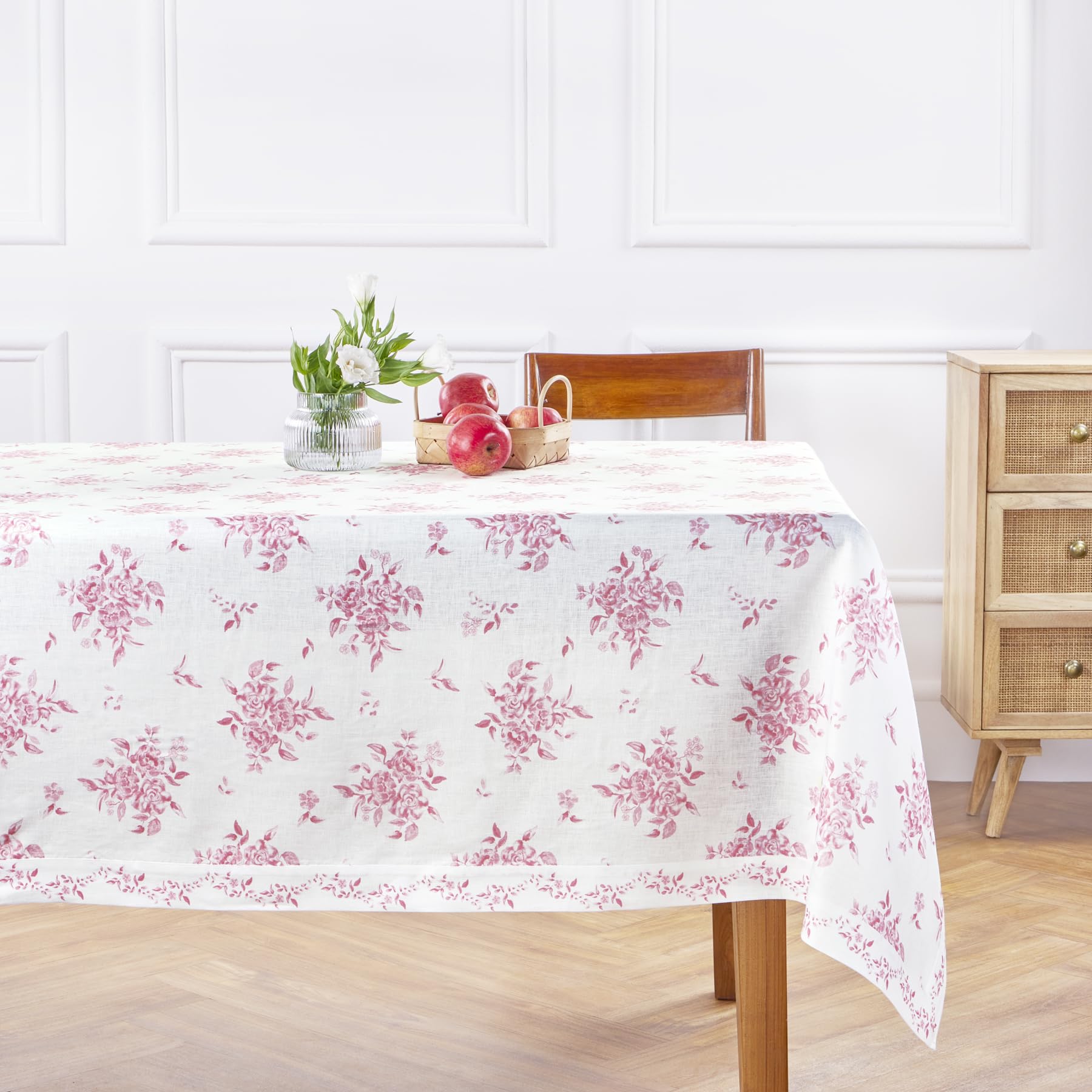 Solino Home Pink Floral Print Table Cloth 60 x 144 Inch - 100% Pure Linen Tablecloth - Farmhouse Rectangle Table Cover for Mothers Day, Spring, Summer