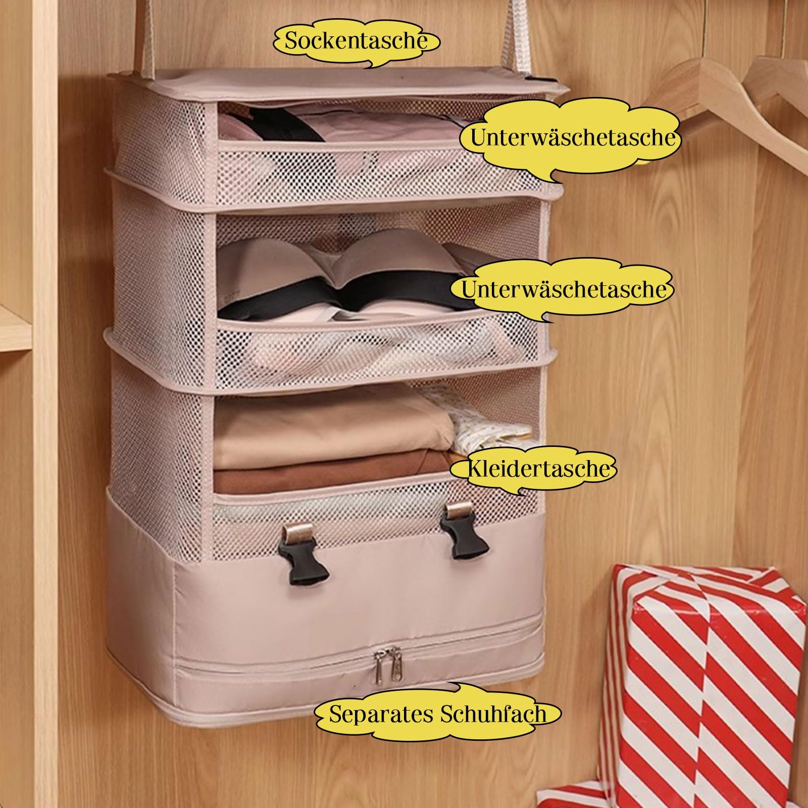 Organisateur Armoire Suspendu Pliable, Étagères De Rangement Penderie en Tissu Oxford avec Poignées, Cadre Acier, Respirant Gain De Place pour Maison, Caravane, Camping(Rot)