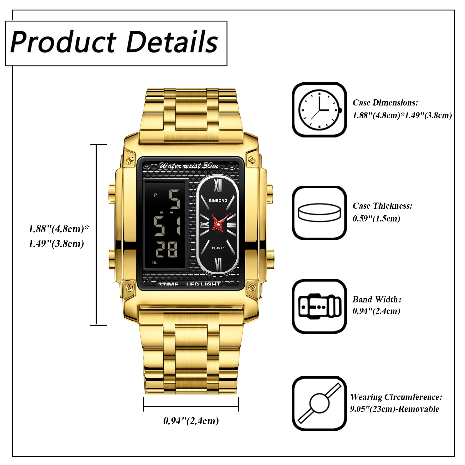 JewelryWe Herrenuhr Chronograph Multifunktional Uhr 30m Wasserdicht Militär Analog Digital Armbanduhr Herren Edelstahl Rechteckig Digitaluhr Sport Uhr mit LED Multizeit Kalender Wecker Stoppuhr