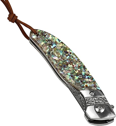 Miniatura 6 de ALBATROSS HGDK028 EDC Sharp Mordern Damasco Cuchillo de bolsillo plegable con mango de material sintético de concha de abulón, cuchillos de apertura