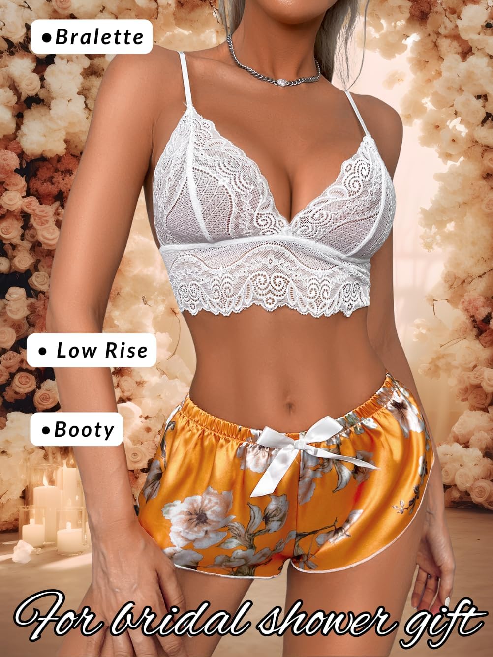 ChiaoLezhee Women's Silk Satin Pajama Sets, Sexy Lace Lingerie with Printed Robe, 3 Piece Pjs for Bridal Shower Gifts