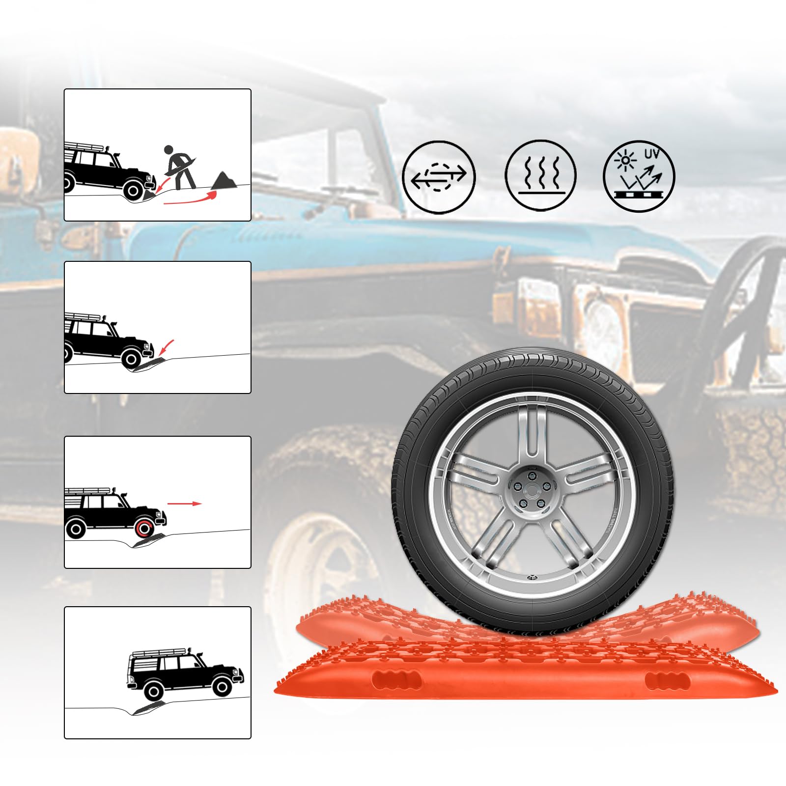 FIVMEN Sandbleche 2 Stück Anfahrhilfe mit Aufbewahrungstasche Offroad Zubehör für Wohnmobil Geländewagen PKW LKW, Orange