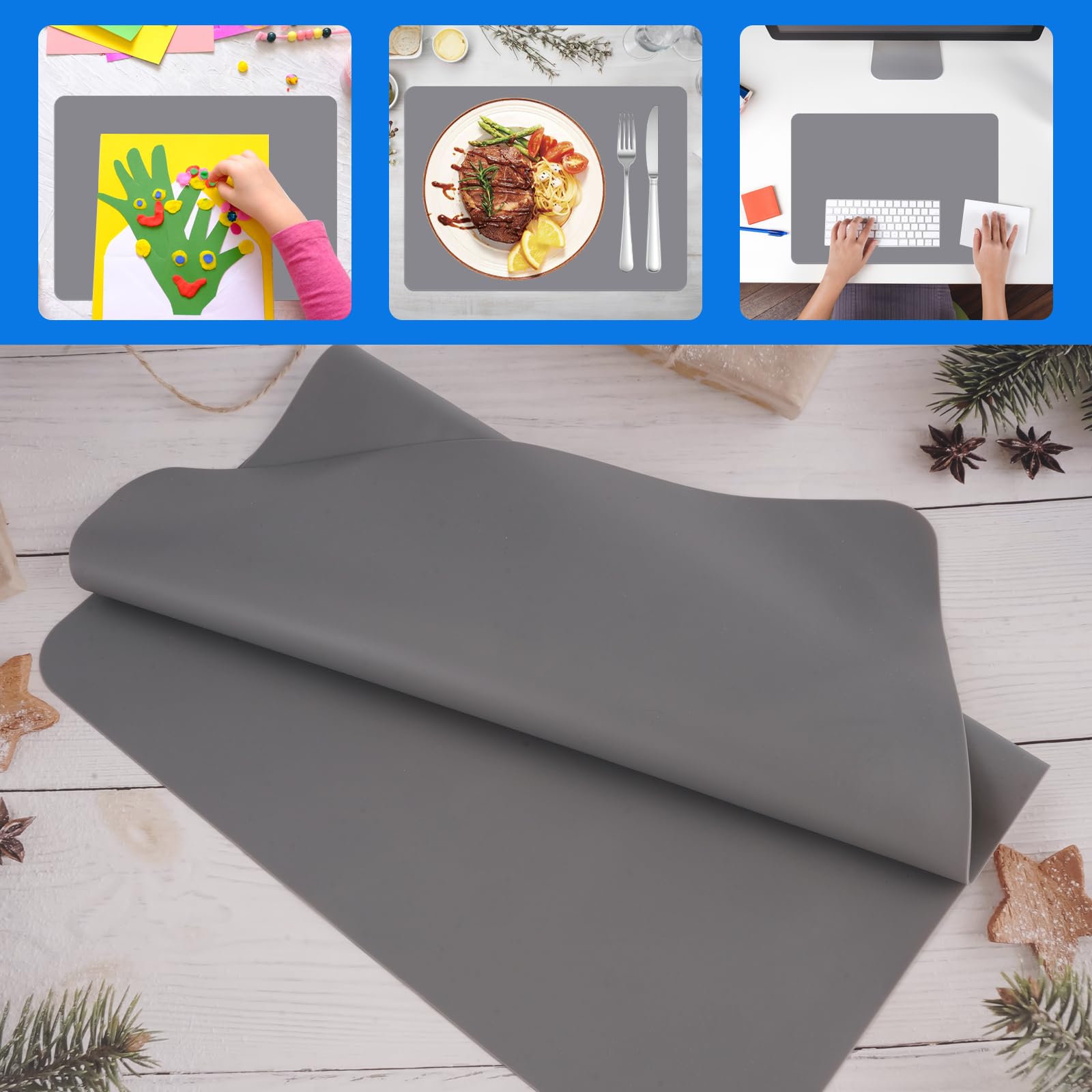 3 Piezas Tapete De Silicona 40 x 30 cm, Resistente al Calor, Alfombra Silicona Manualidades, Almohadilla de Silicone Multifunción para Manualidades, Pintura, Resina, Gris Claro, Gris Oscuro, Blanco