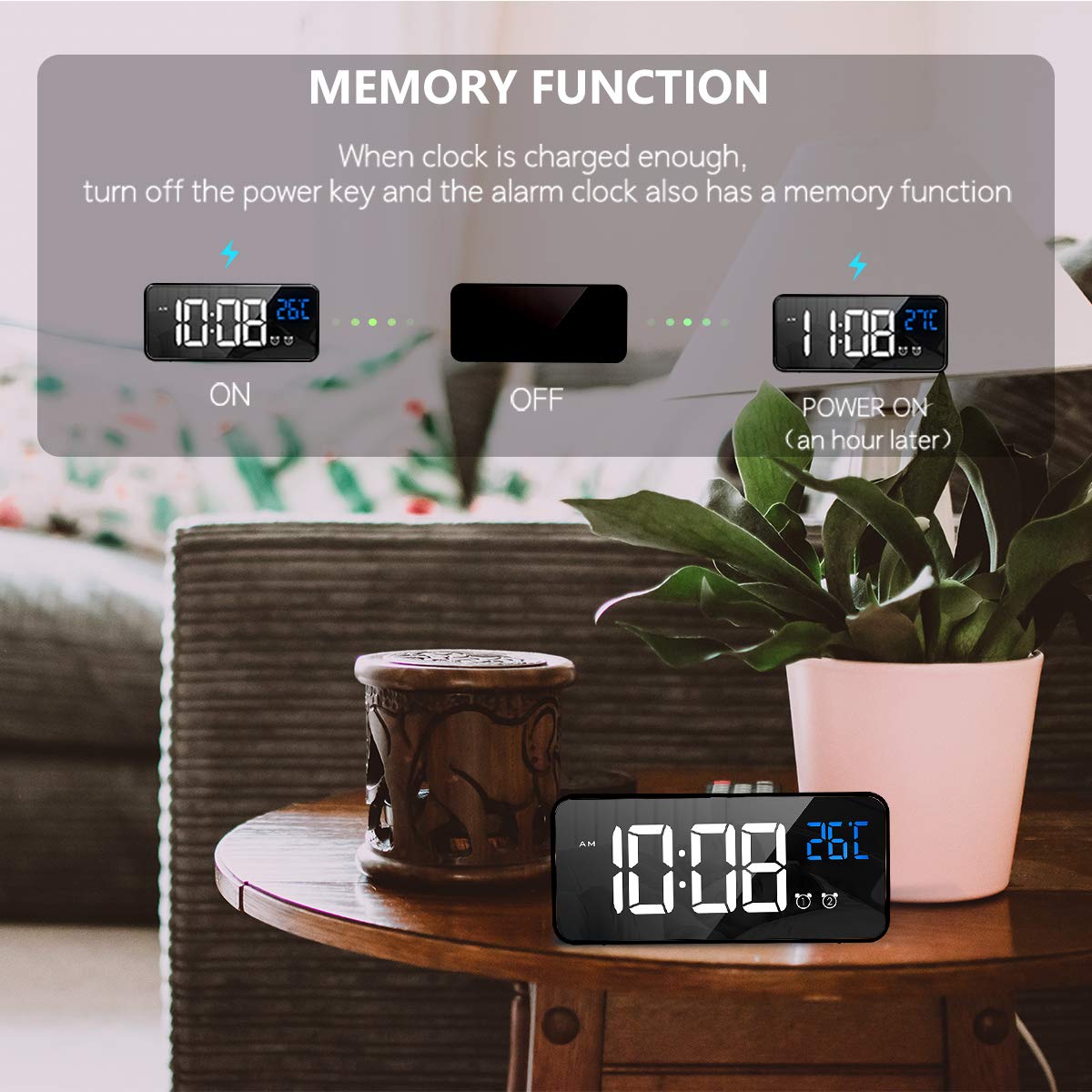 LATEC Sveglia Digitale con LED Temperatura Display Orologio con 10 Suoni di Allarme Porta di Ricarica USB Dimmer di Luminosità Regolabile a Sonnellino Allarme Specchio Portatile con Doppio Allarme