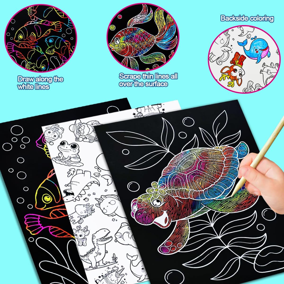 JUNQIU Scratch Art for Kids, Rainbow Scratch Paper Art Set - Ocean, Arts and Crafts for Girls Boys Ages 4-8, Kid Activity & Christmas Crafts, Stocking Stuffers for Kids - Image 3