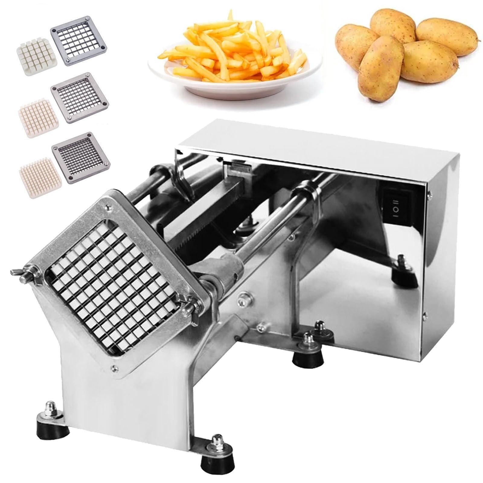 Coupe-frites électrique avec lame de 6/9/13 mm, coupe-frites commercial robuste de 200 à 300 kg/h, coupe-légumes électrique en acier inoxydable avec pieds à ventouse