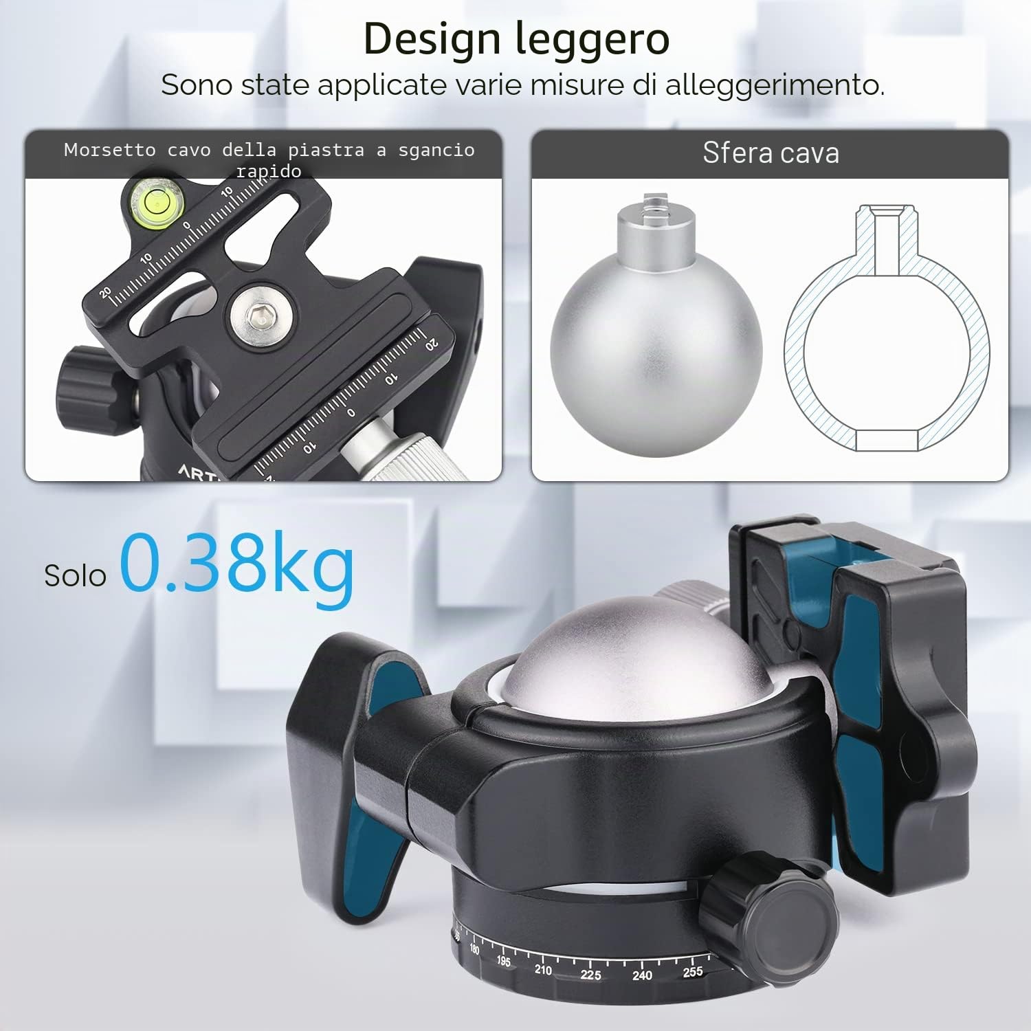 Testa a sfera a basso profilo ARTCISE, testa per treppiede in metallo panoramica a 360° da 46 mm con piastra a sgancio rapido Arca 1/4" per treppiede DSLR, carico massimo: 20 kg