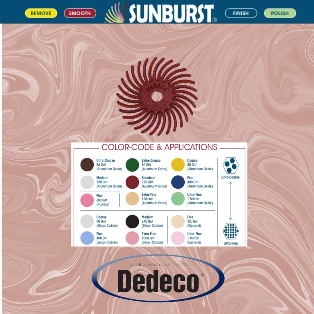 Dedeco Sunburst Radial Bristle Discs 5-Pack - 1" Straight 6-Ply Mounted Disc - Red 220 Grit (Standard) - Aluminum Oxide for Polishing & Finishing
