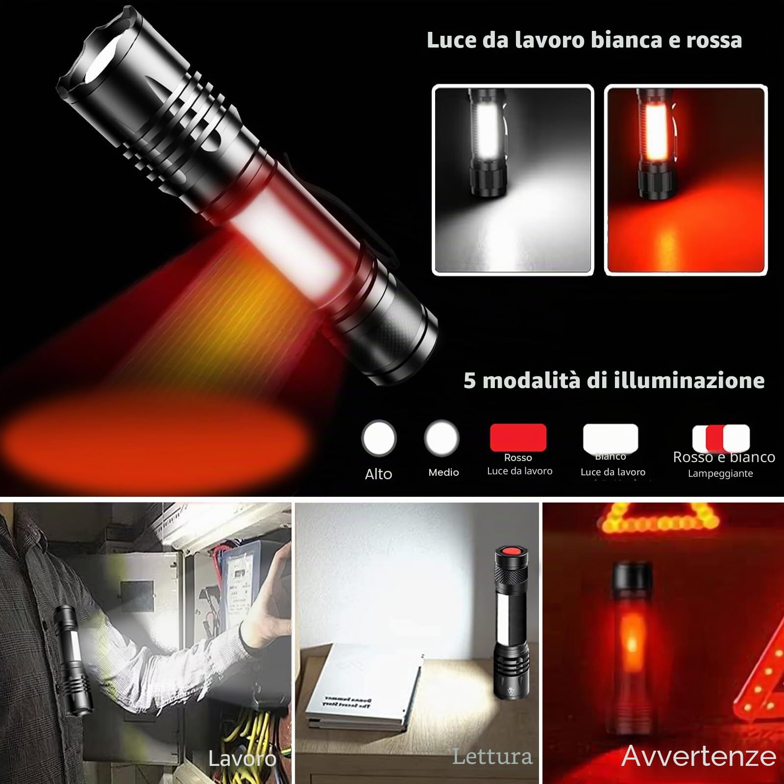REHKITTZ Torcia LED Potente 2 Pezzi, Multifunzione (Bianca,Rossa,Lampeggiante Bianca e Rossa), 2000 lumen, Super luminosa, Mini Torcia Compatta, Portatile, per Campeggio