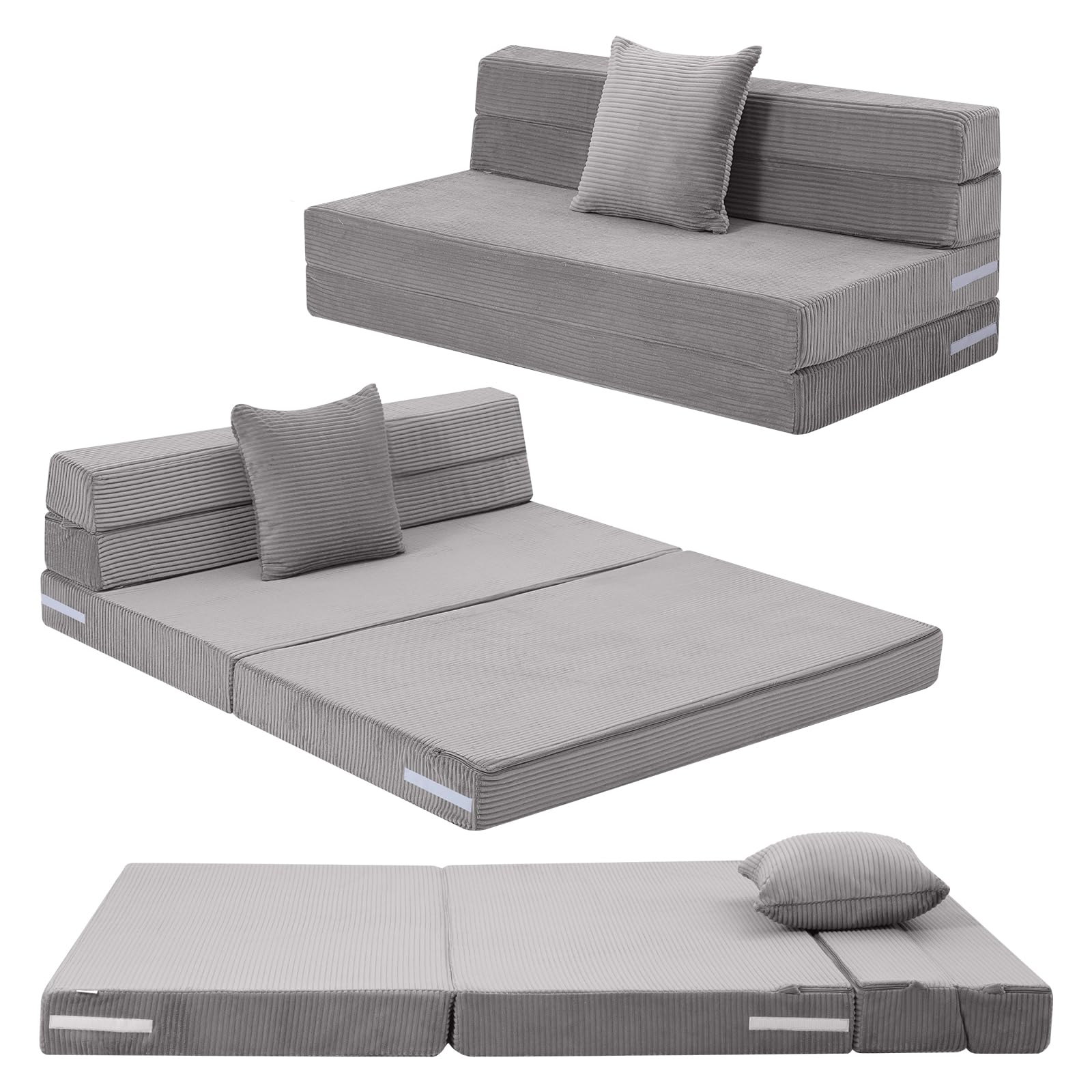 MeMoreCool Folding Mattress Double 190x135cm, High Density Foam Fold Out Sofa Chair Z Bed, Foldable Futon Mattress, Floor Lounger Guest Couch Bed for Sleeping, Travel, 13cm Thick, Grey