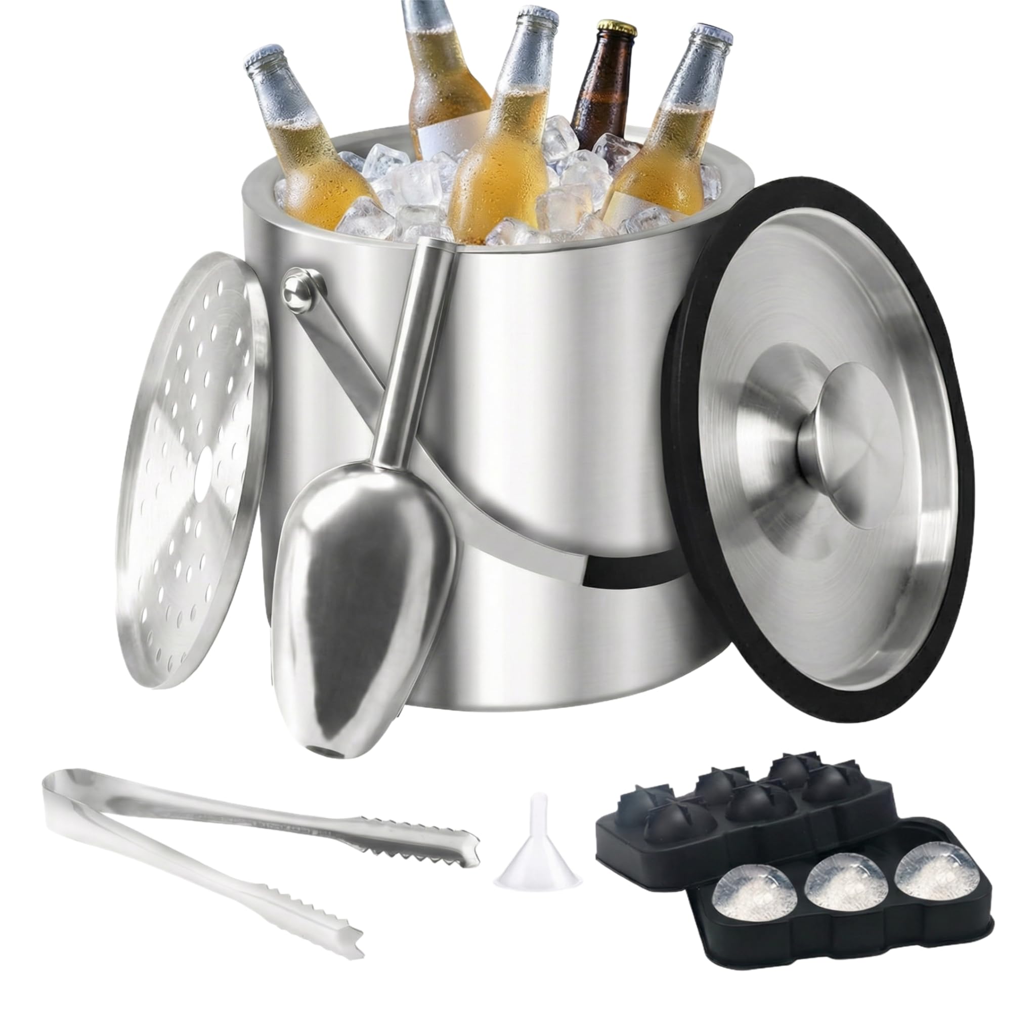 Cubitera de hielo de 4 litros con tapa y pinzas, cubo de hielo aislado de doble pared con colador de cuchara, cubos de hielo grandes de acero inoxidable para fiestas, hogar, bares, pubs