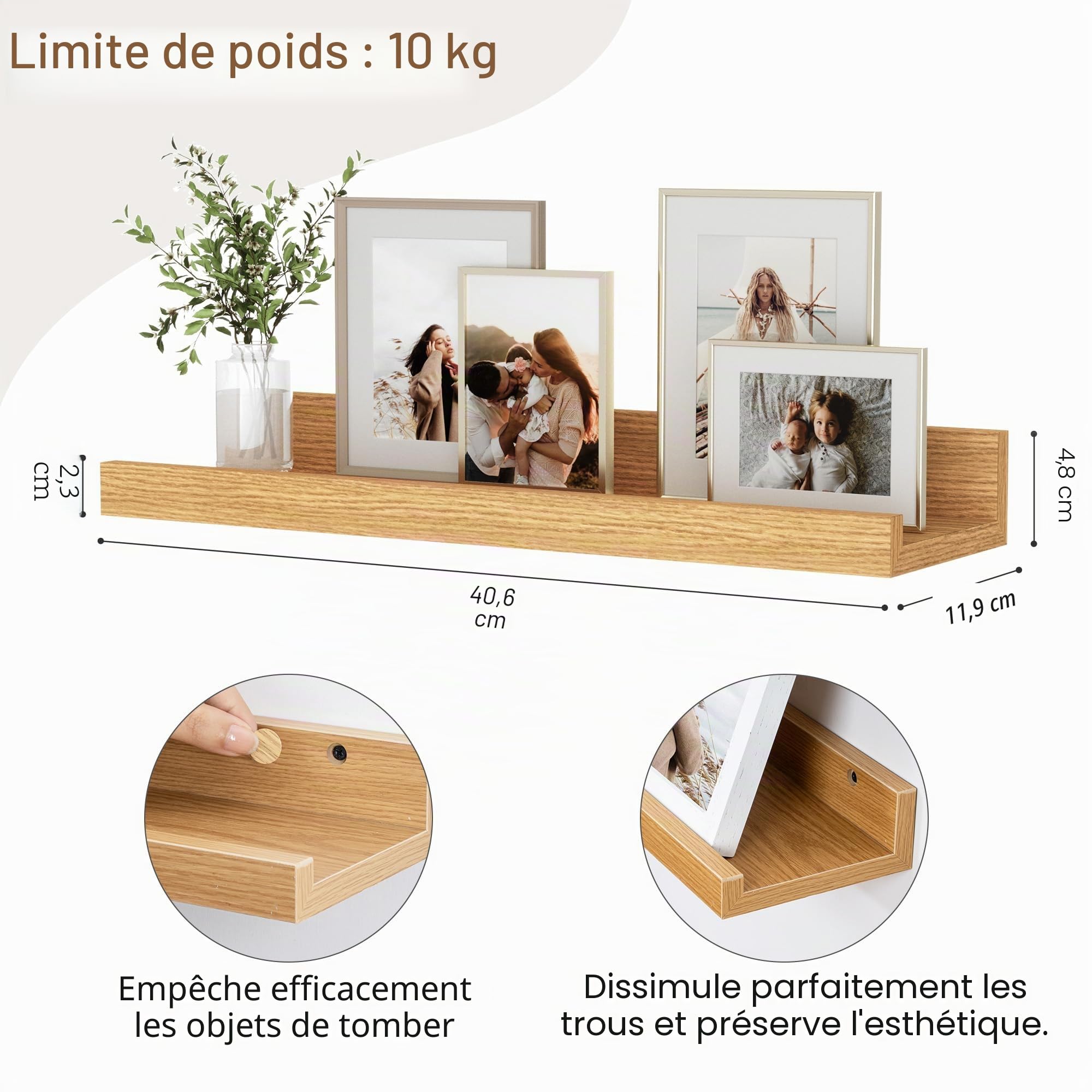 Lot de 2 étagères flottantes de 40 cm, en bois de chêne naturel, montage mural, pour photos, bibliothèques pour enfants, pour salon, cuisine, chambre, salle de bain, photos, organisation de la maison
