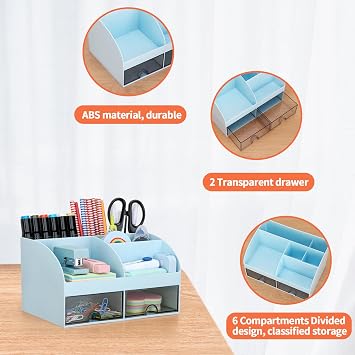 Office Desk Organizer with Drawers for Desktop/Tabletop/Counter, Desk Top Accessories Stationary Organizer Desk Caddy, Pen/Pencil/Business Card/Sticky Note Tray/Paperclip Holder Storage Box (Blue)