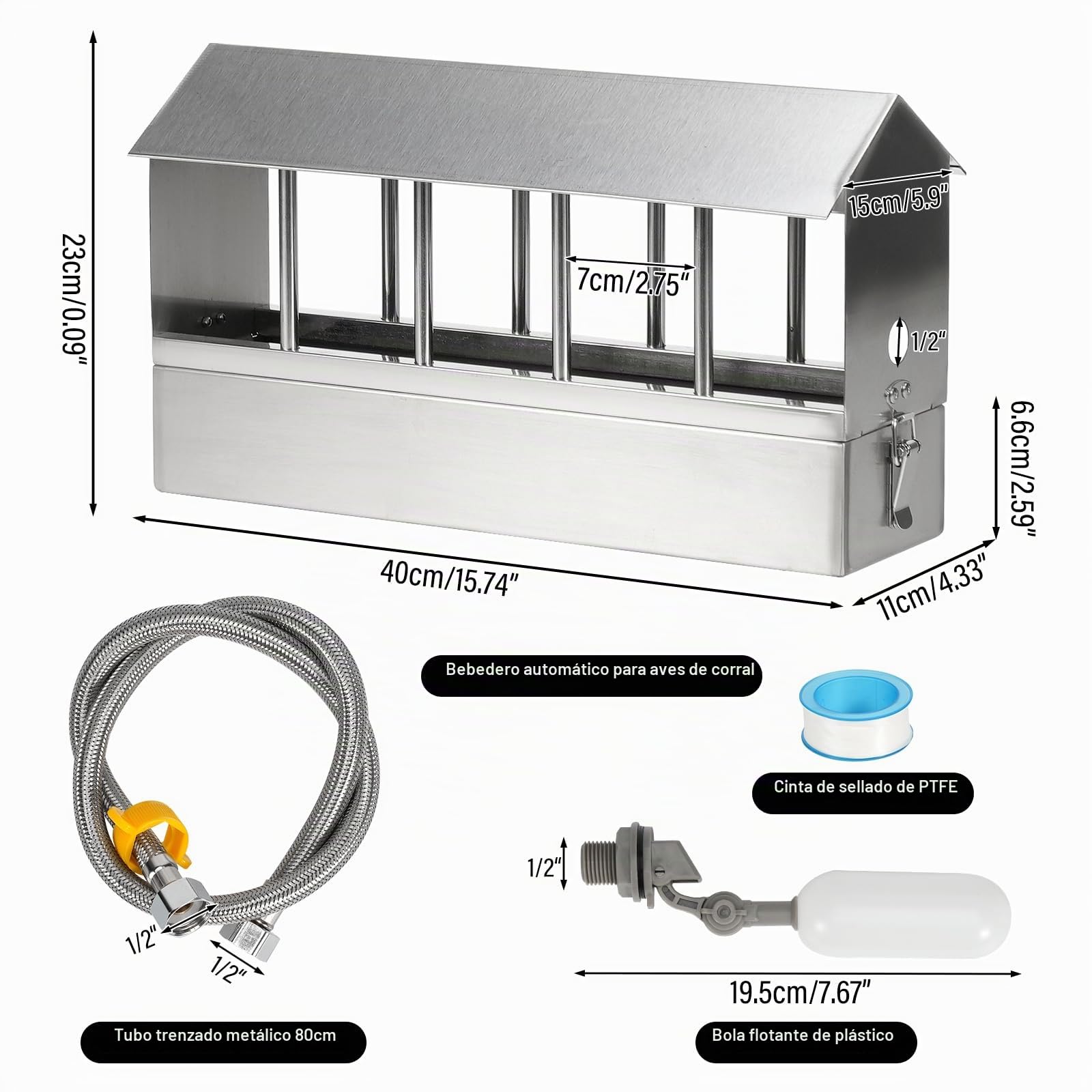 Bebederos Automáticos para Gallinas 2.6L Dispensador de Agua para Palomas de Acero Inoxidable con Válvula de Flotador y Manguera de Acero Inoxidable de 80cm Fuente para Aves de Corral