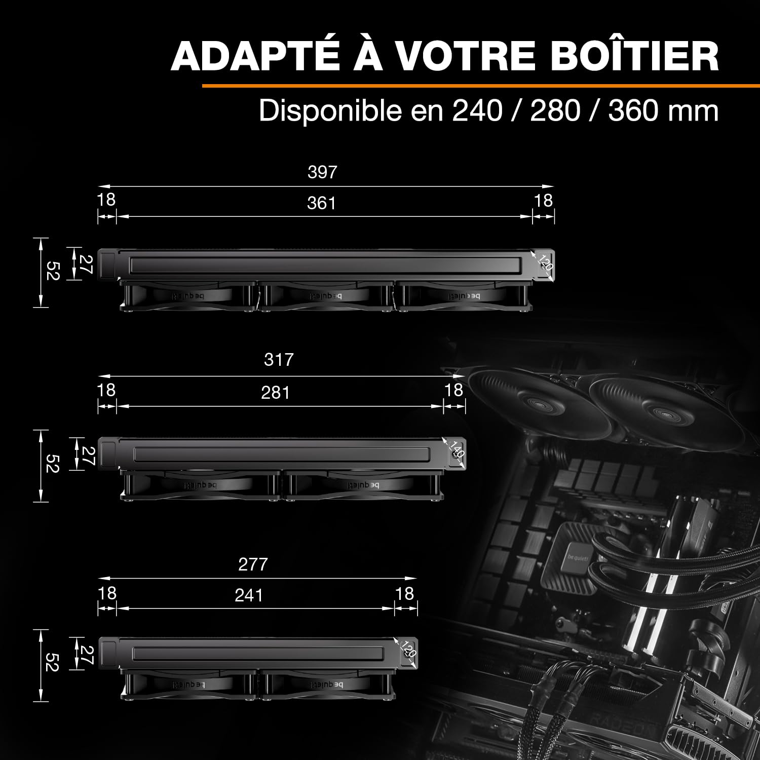 be quiet! Pure Loop 3 360 mm Refroidissement liquide tout-en-un pour systèmes AMD/Intel overclockés, 3x ventilateurs Pure Wings 3 120 mm PWM high-speed, pression élevée, pompe PWM ultra-silencieuse