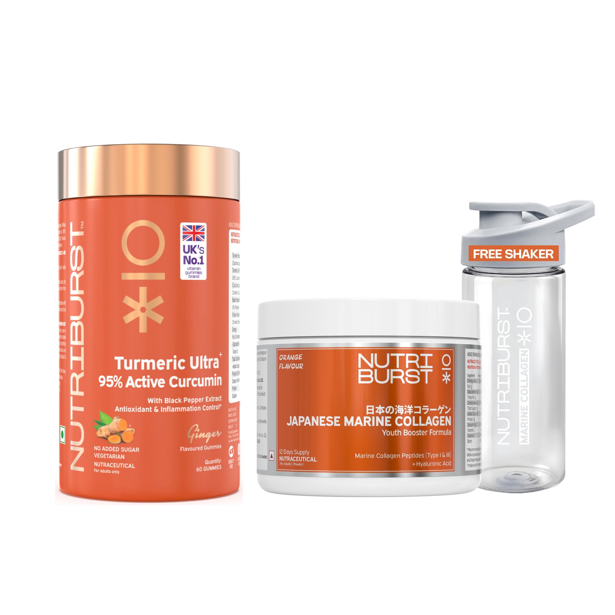 Nutriburst Japanese Marine Collagen Powder (Orange Flavor) + Turmeric Ultra Gummies (Ginger Flavor) with 95% Curcumin & Black Pepper | No Added Sugar | Combo for Men & Women-image-17