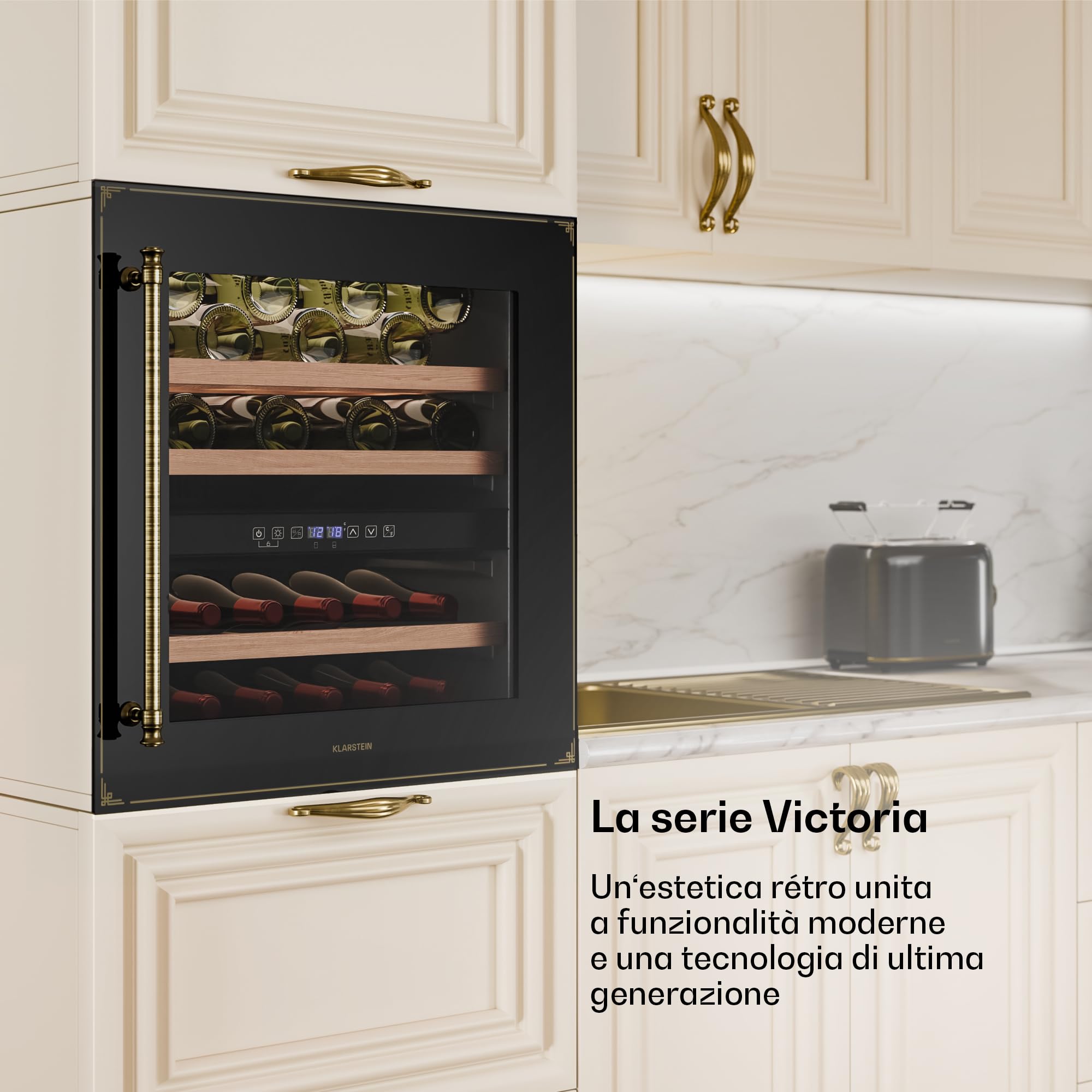 Klarstein Vinsider Victoria 36 - Cantinetta per Vini, 36 Bottiglie, Doppia Temperatura 5-22°C, Touch Control, LED, Silenziosa: 41 dB, Protezione UV, Da Incasso, Nero