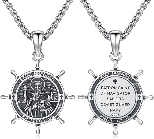 Vista 491 de Collar con colgante de plata de ley 925 con medalla de San Patrón, joyería religiosa para hombres y mujeres, con cadena de acero inoxidable 316L