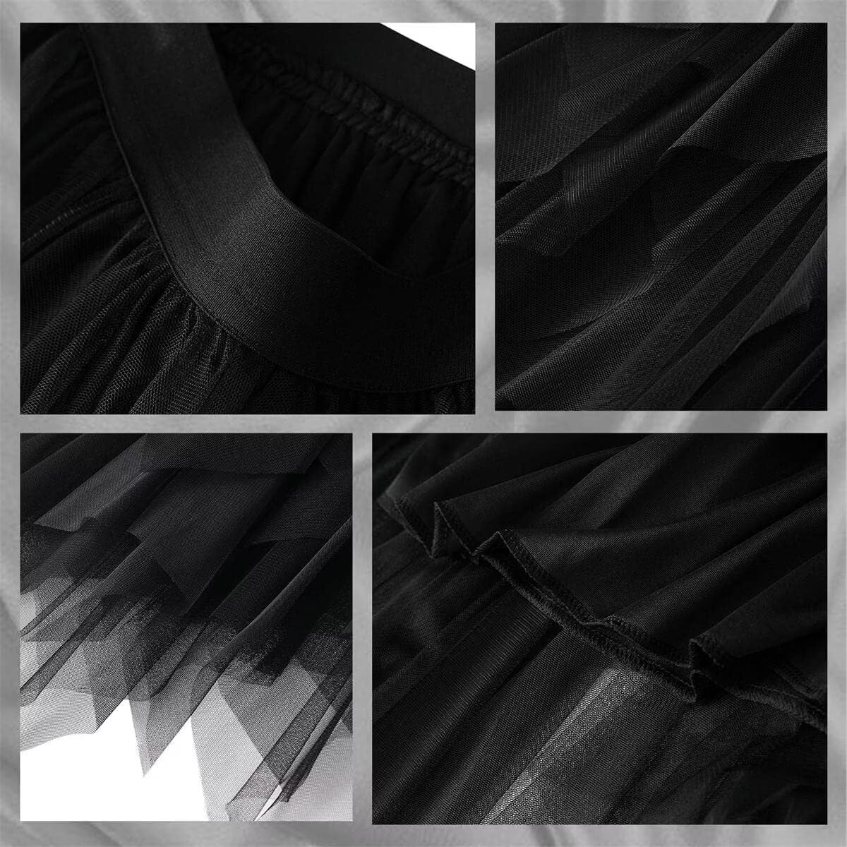 ChicVibes Plus Size Black Asymmetrical Tulle Midi Skirt for Curvy Women, A-Line Elastic Waist Tiered Ruffle Flowy Skirt