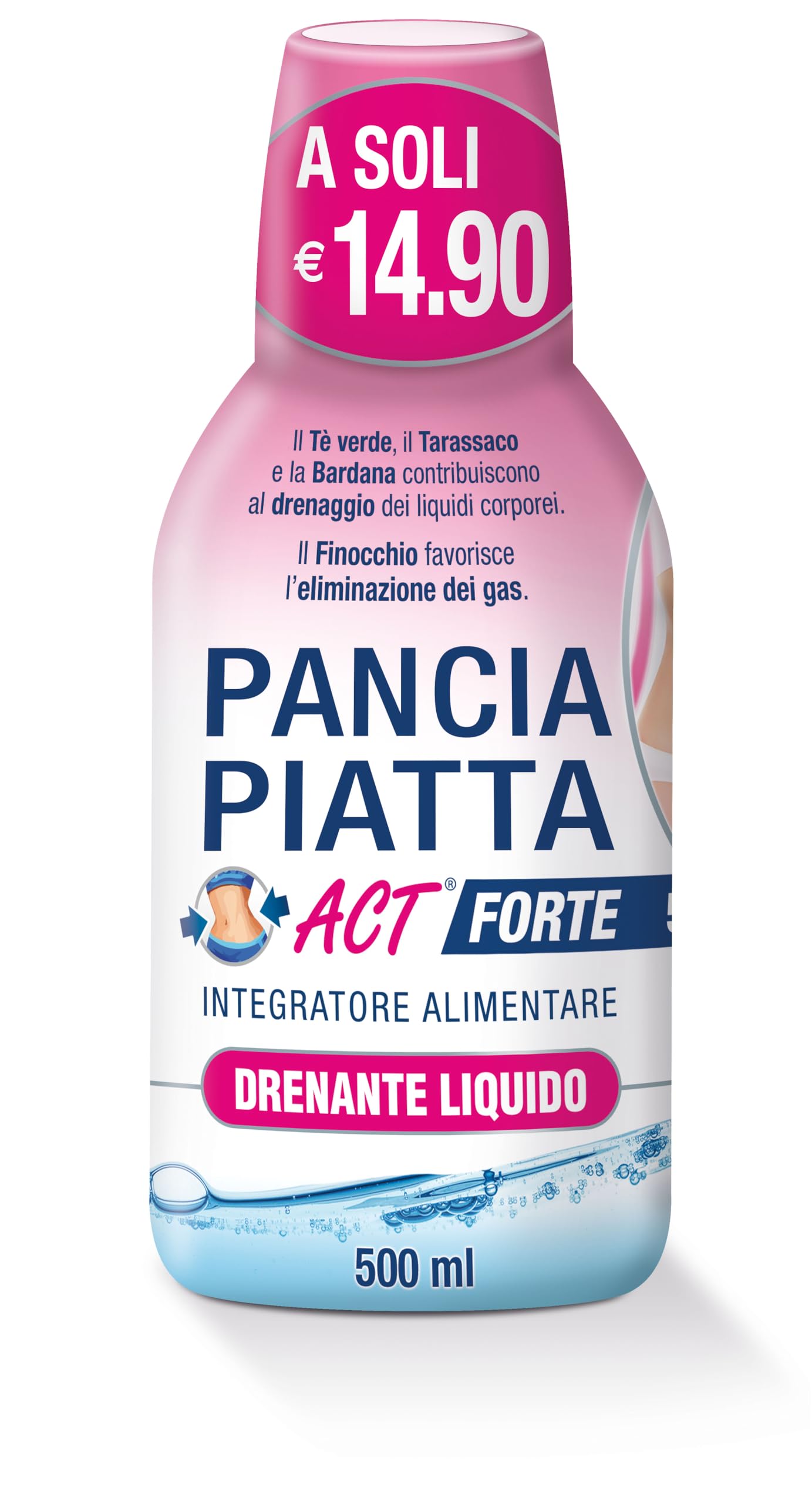 Pancia Piatta Act Forte, Integratore Alimentare Drenante Liquido per il Drenaggio dei Liquidi Corporei e l'Eliminazione dei Gas, a Base di Tè Verde, Tarassaco, Bardana e Finocchio, Flacone da 500 ml