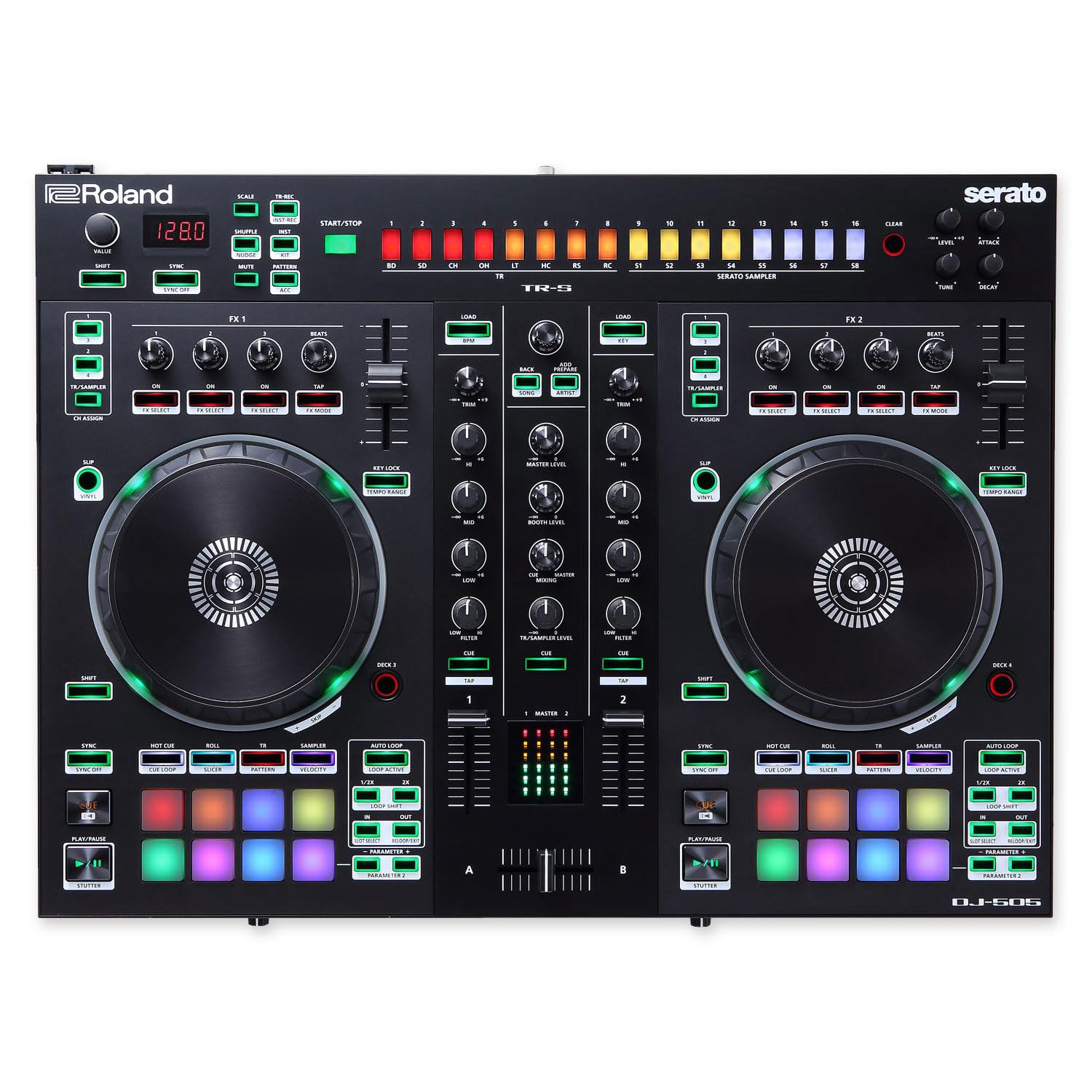 Roland DJ Controller DJ-505 2-Kanal 4-Deck DJ-Pult mit keepdrum Mikrofasertuch