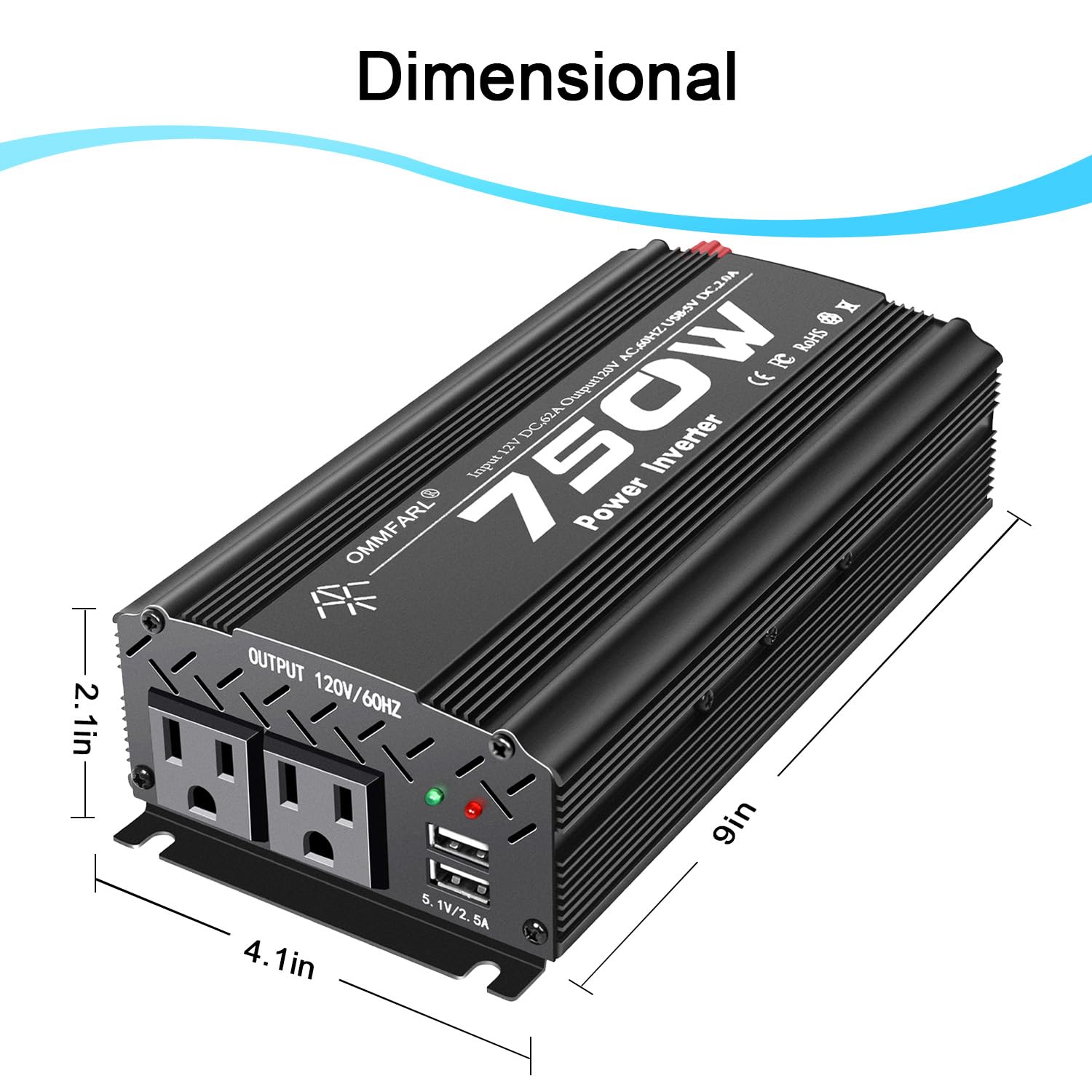 750 W DC 12 V do 110 V AC adapter samochodowy z ładowarką USB 2 A i 2 wyjściami prądu przemiennego