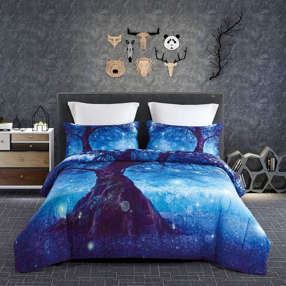 KINBEDY 3PC Tencel Cotton 3D Beautiful Blue Tree Digital Bedding Comforter Sets Queen Size for Teen Kids Comforter Bedding Sets 1 Comforter with 2 Pillowcases.