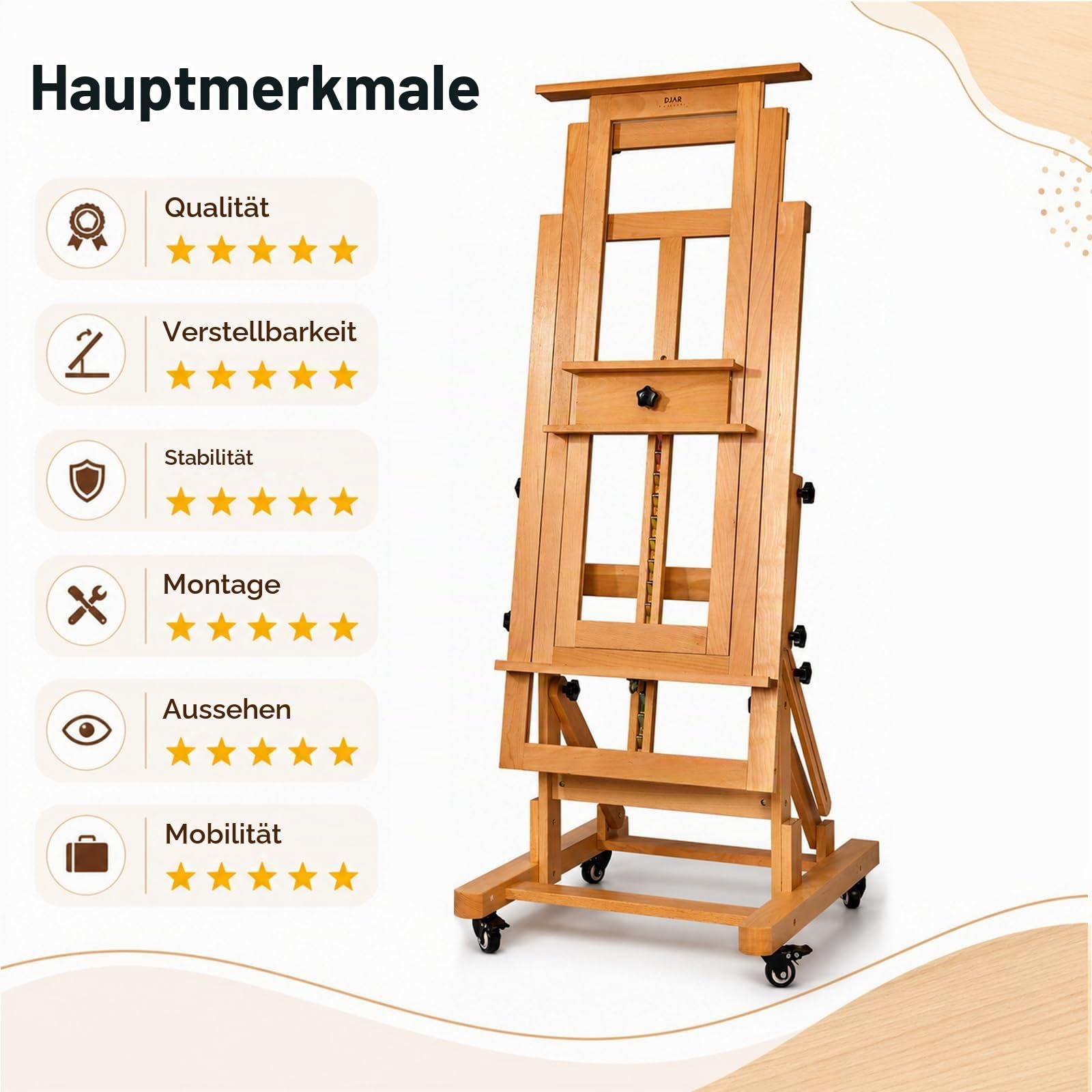 DJAR Extra Großes H-Rahmen Staffelei aus Buchenholz, Verstellbare Profi Atelierstaffelei mit Rollen, Neigbar für Aquarell & Ölmalerei, Hält 1 oder 2 Leinwände bis 201 cm, Natur