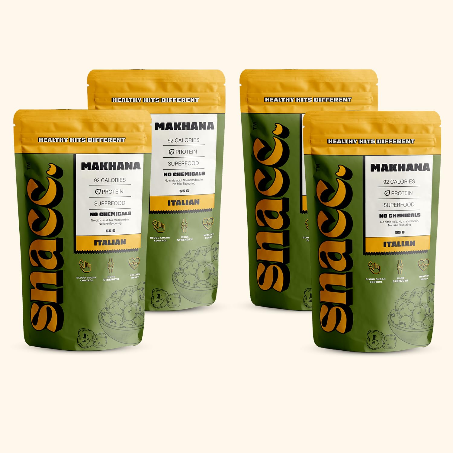 Snacc Italian Makhana, Spicy Roasted Fox Nuts, Protein Rich, Gluten Free, MSG Free, Zero Trans Fat, Zero Sugar, Low Calorie (Pack of 4, Italian)-image-2