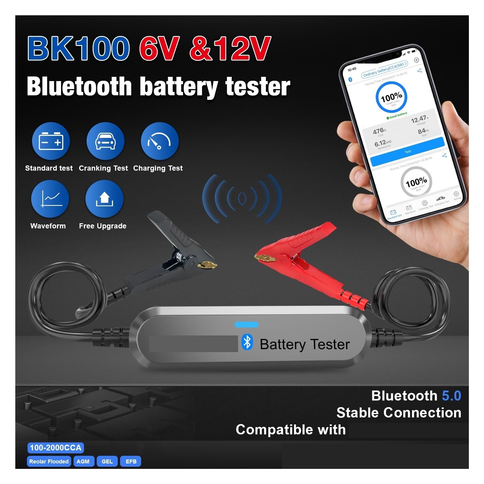Tester AkumulatoróW Tester Akumulatora Motocykla Samochodowego Bluetooth 5.0 Analizator Akumulatora 6 V 12 V 100 Do 2000 CCA(Black)