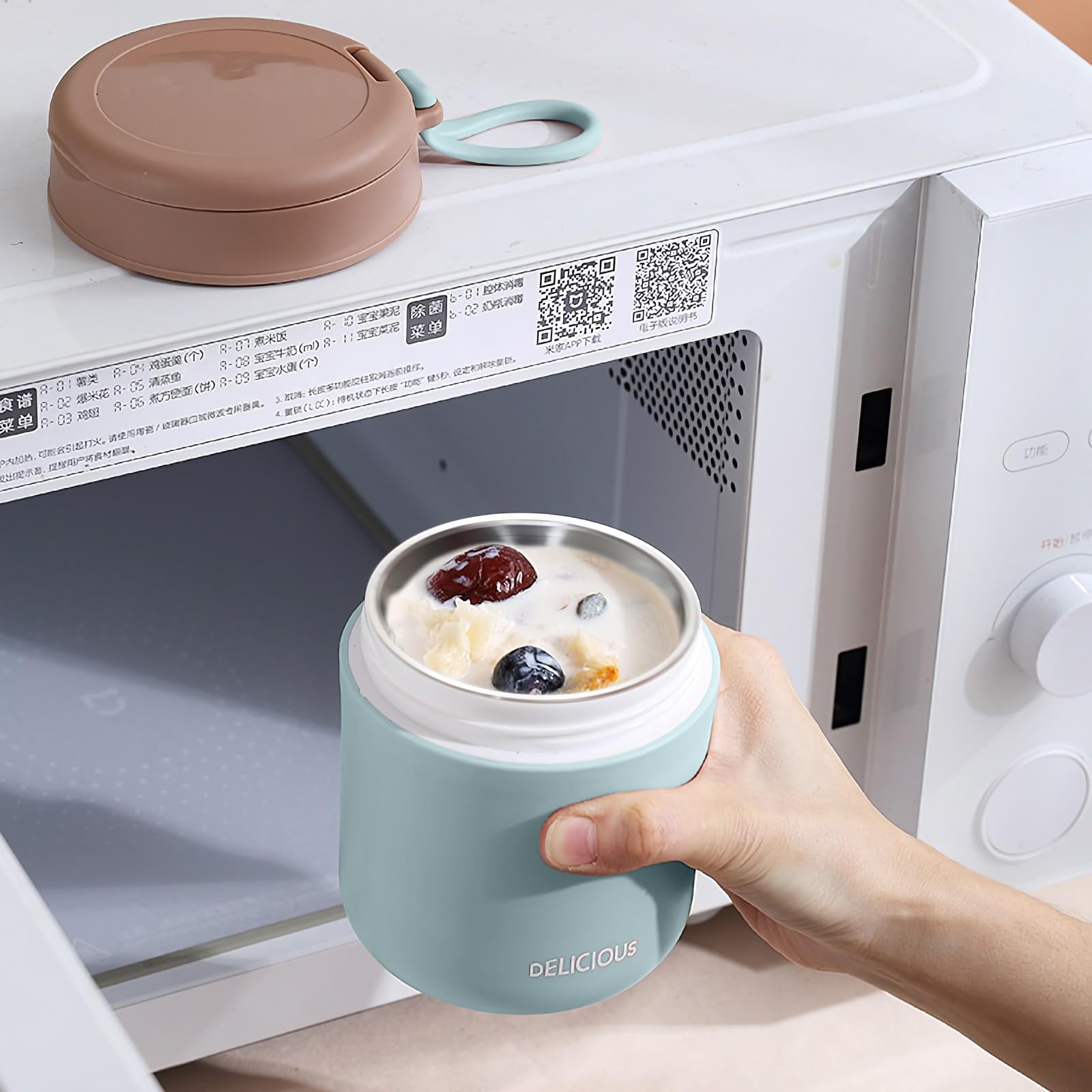 Contenitore per alimenti isolato a tenuta stagna da 15 once, thermos in acciaio inossidabile, isolamento sottovuoto, con cucchiaio, per scuola, lavoro, picnic (blu, doppio strato)