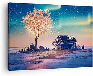 Quadro su tela - Elemento unico - Albero casa notte stelle - 70x50cm - Pronto da appendere - Home Decor - Stampe su Tela - Quadri Moderni - completamente incorniciato - AA70x50-2849