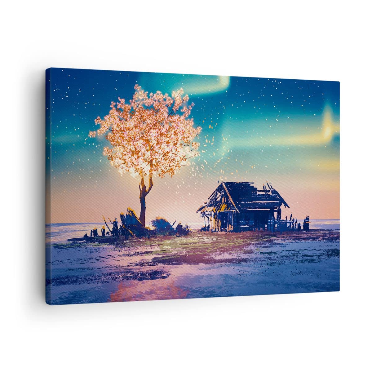 Tableau Toile 100x70cm Arbre Maison Nuit Étoilée - Décoration Murale ARTTOR
