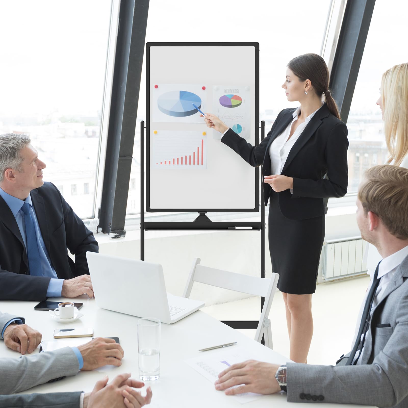GIANTEX Doppelseitiges mobiles Whiteboard, 60 x 90 cm, magnetisches Whiteboard höhenverstellbar mit Rollen & Ständer, Magnettafel mit Stiftablage, inkl. Zubehör, Trocken abwischbar (Schwarz)
