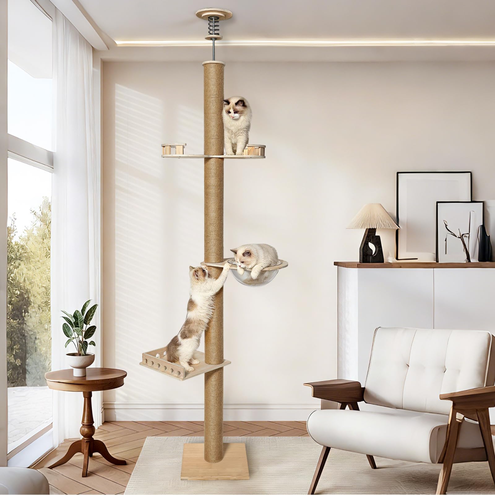 Torre per gatti a 3 livelli fino al soffitto (255-265 cm), struttura da arrampicata per gatti, albero per gatti montato a parete, grande mobile per gatti con spazio per dormire