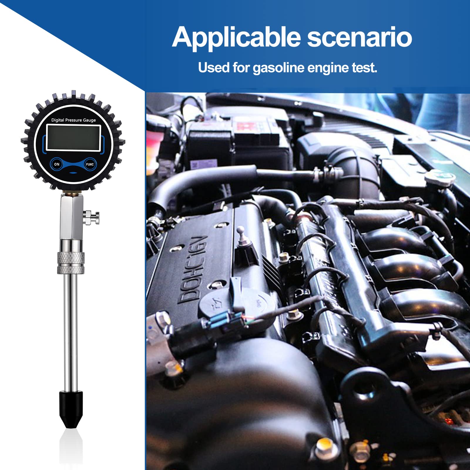 Compresión probador de gasolina, probador de compresión de coche, comprobador de compresión digital con adaptador y manguera (negro)