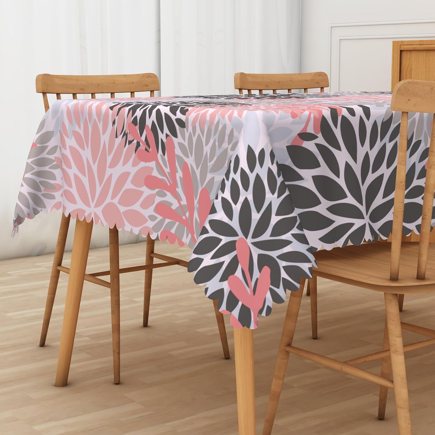 Laeacco 52x70 inch Abstract Floral Tablecloth Pink and Grey Dahlia Flowers Table Cloth Geometric Modern Art Rectangle Tablecloth Washable Wrinkle Free Table Cover for Kitchen Dining Room Home Decor