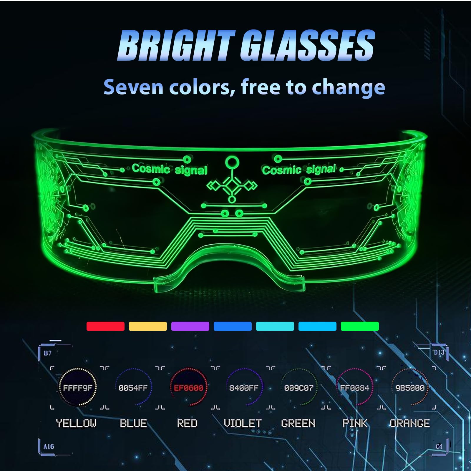 Cyberpunk LED Occhiali, 2 Pezzi: Occhiali Luminosi per Feste, Occhiali al Neon - per Carnevale, Festival, Costumi di Compleanno (7 Colori)