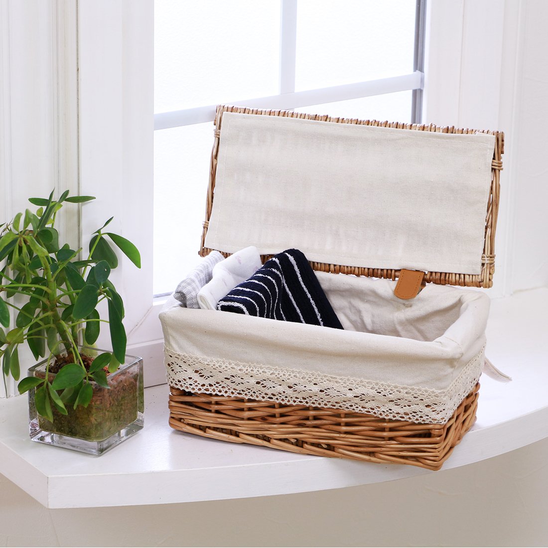 収納バスケットセット 内布付き カントリー 蓋付き収納ボックス