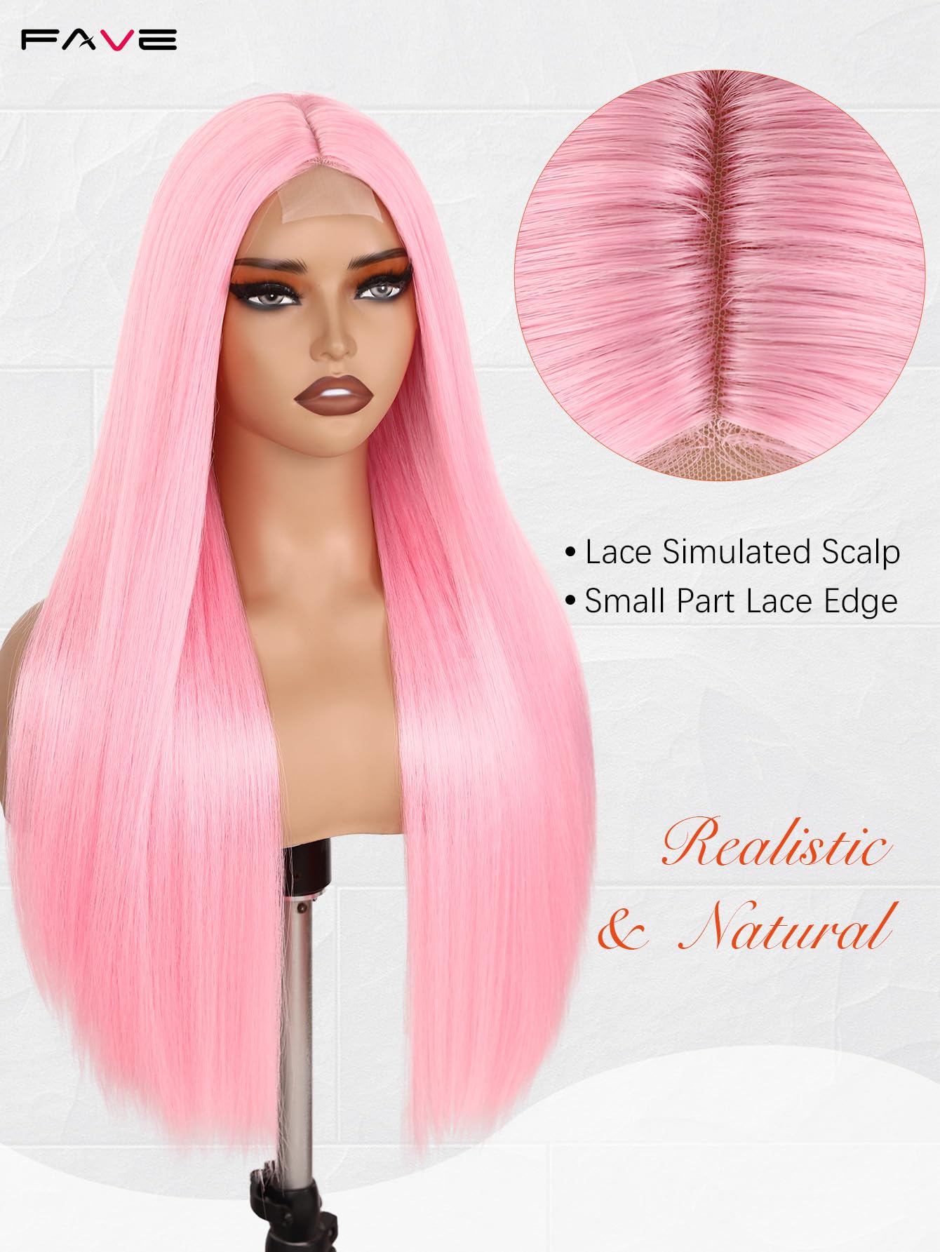 FAVE Perruque rose 65 cm synthétique pour femmes résistante à la chaleur, longue avec raie au milieu, aspect naturel rose clair, idéale pour quotidien/fête/cosplay