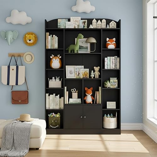 Miniatura 4 de Estantería negra de 63 pulgadas de alto con 14 cubos y armario de 2 puertas, estantería grande de madera de 5 niveles, organizador de almacenamiento