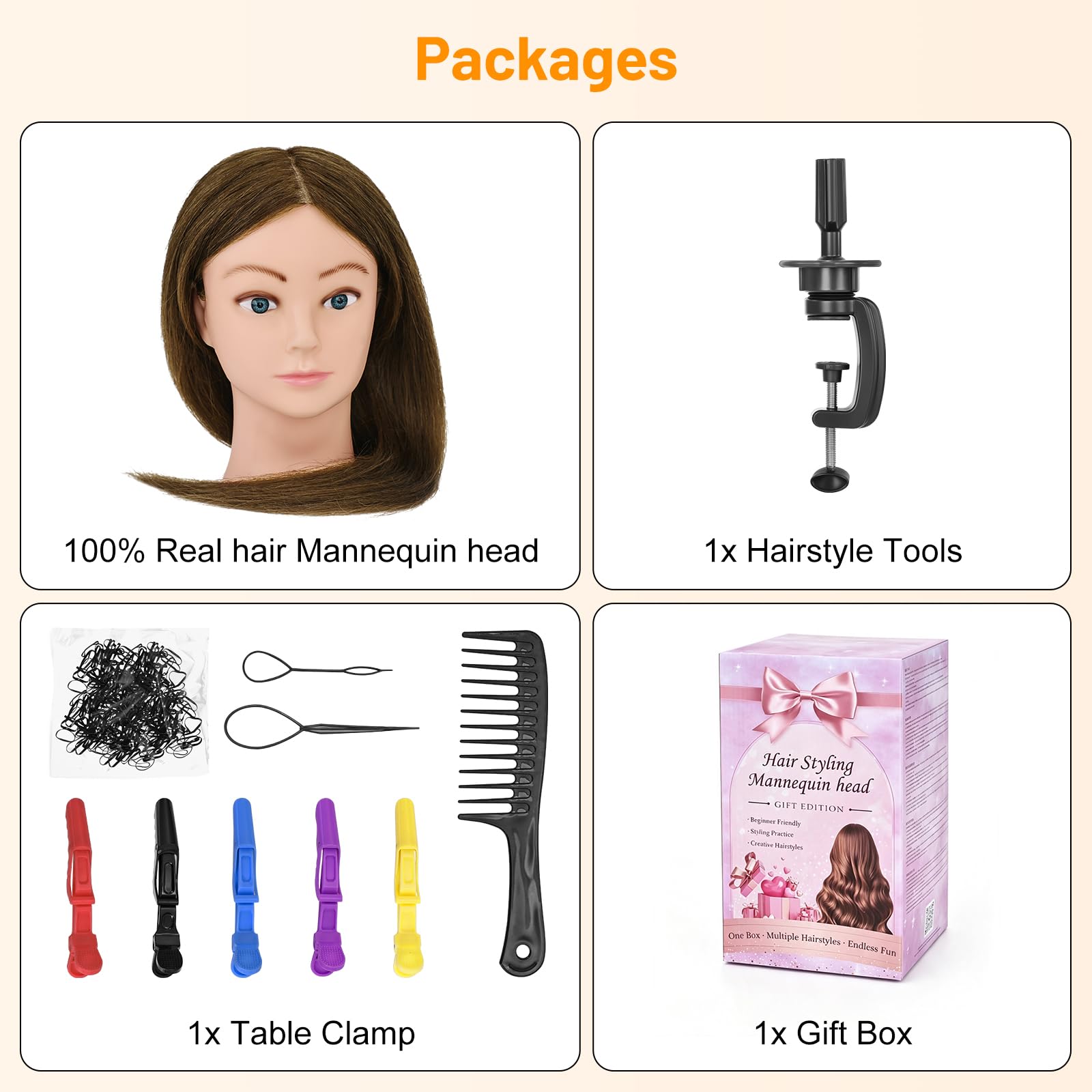 Friseur Kopf Frisierkopf 100% Echthaar 20 Zoll Trainingsköpfe für Friseure Friseurkopf Übungskopf Puppen Kopf zum Frisieren Kosmetik Puppenkopf Mannequin kopf mit Tischhalter + Haare Zubehör