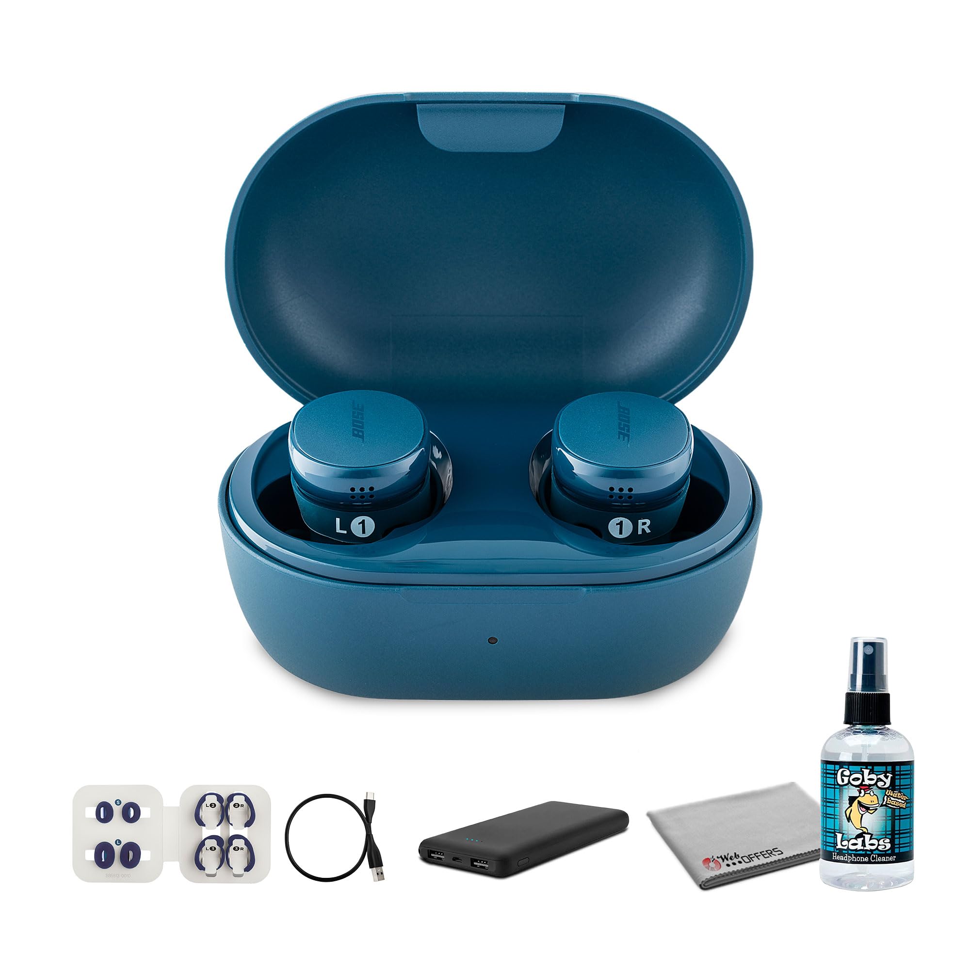 Bose QuietComfort True Wireless Earbuds ANC in Twilight Blue Bundle Including: P-Bank Battery, Goby Labs Headphone Cleaner, Fiber Cloth, Charging Cable, Eartips, Stability Bands