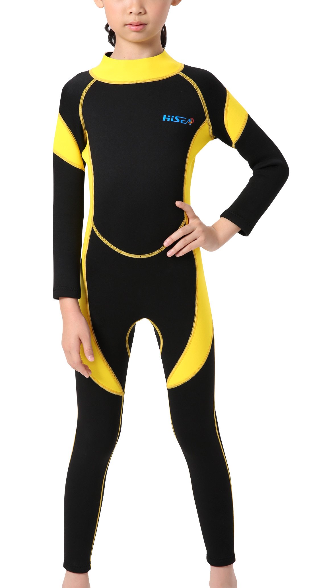 HISEA Combinaison de Plongée Enfant Unisexe en Néoprène 2.5MM Anti Froid pour Natation Plongée Sports Nautiques Noir et Jaune Age Adapté 11-12 Ans