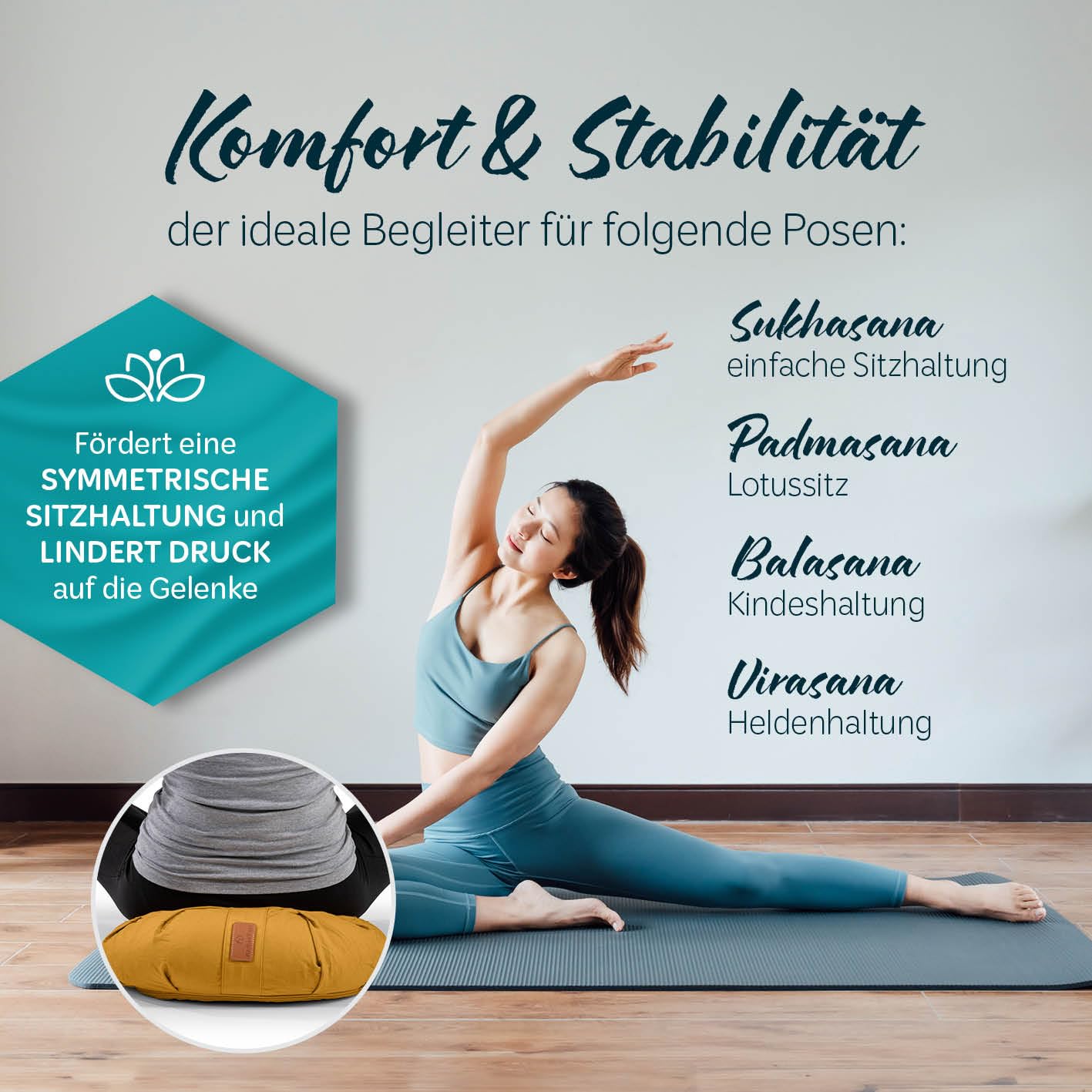 #DoYourYoga Zafu Halbmondkissen »Ganesh« gefüllt mit Bio-Dinkelspelz oder Bio-Buchweizenschalen | waschbarer Bezug | 45 x 30 x 14 cm | Meditations-, Sitz-, Rondokissen für Yin Yoga