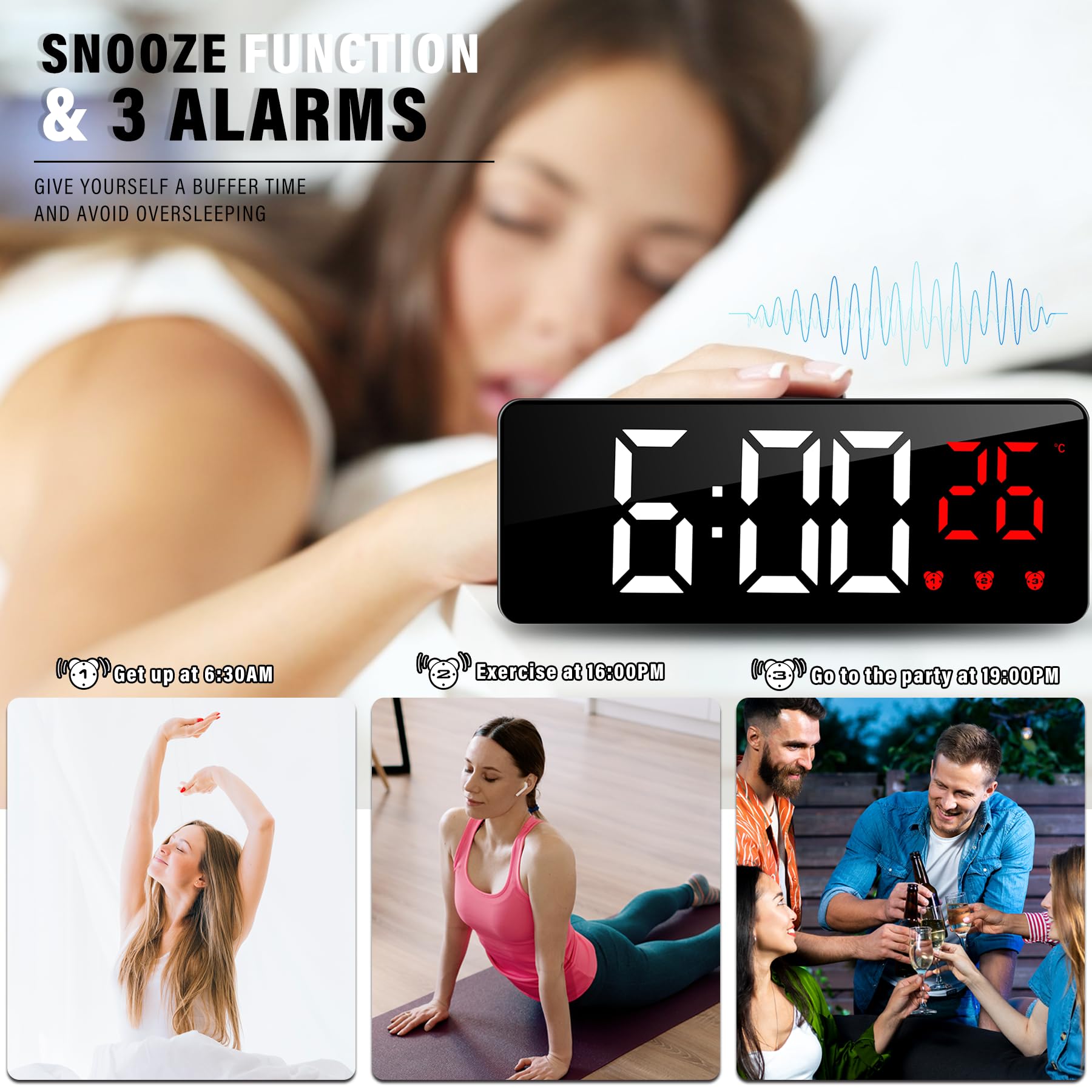 Digitale wekker 6.3 inch LED Klok Nachtklokken 2 Alarmen 6-niveau Brightness Snooze Functie 12 / 24h Display-netspanningsnetwerk met adapter Digitale wekker 6.3 inch LED Klok Nachtklokken 2 Alarmen 6-niveau Brightness Snooze Functie 12 / 24h Display-netspanningsnetwerk met adapter